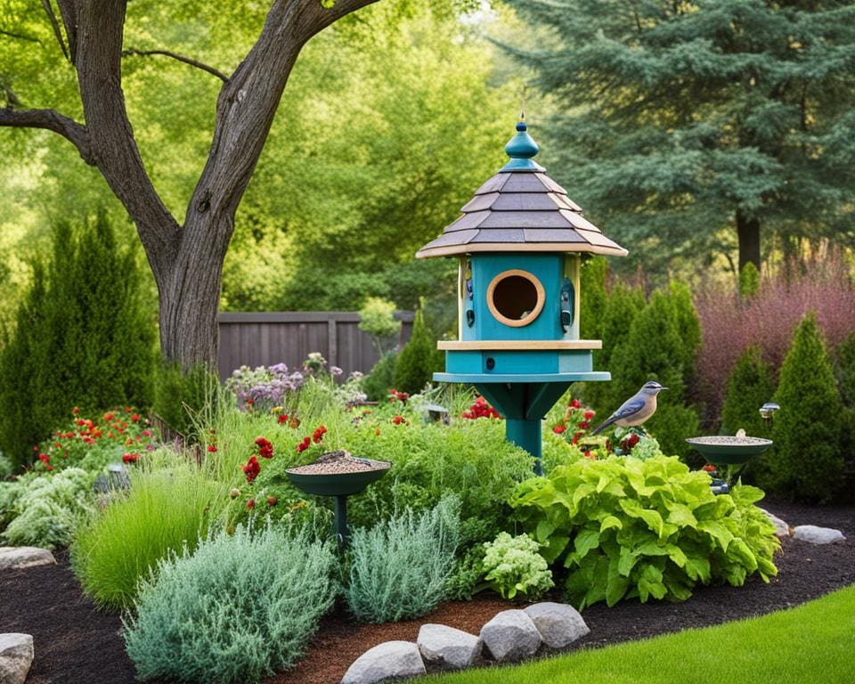 vogelvoer en vogelhuisjes in een tuin
