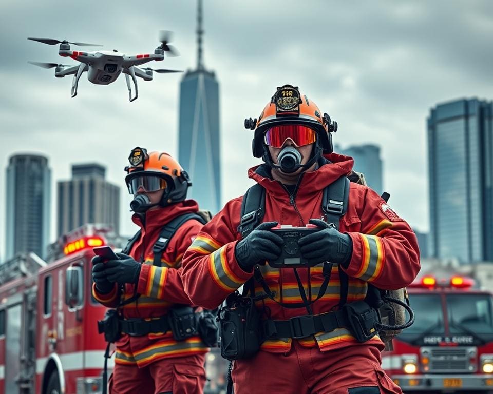 Brandweermensen en hun technologische uitrusting in moderne steden