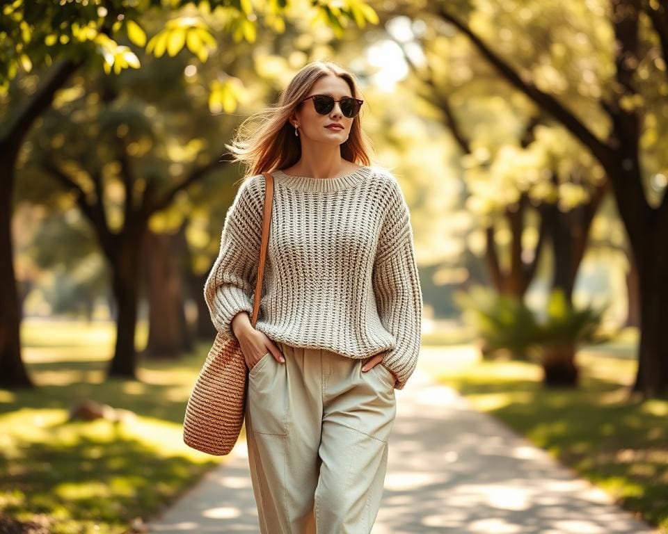 zomeroutfit met gebreide trui